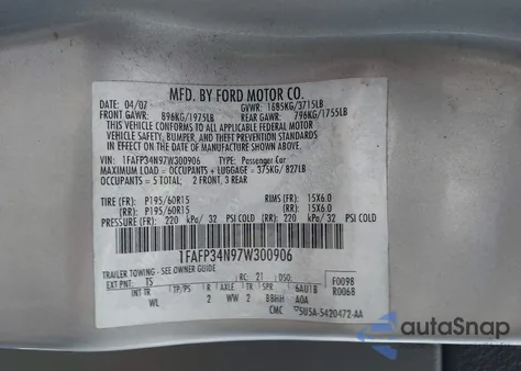 2007 Ford Focus S/Se/Ses z USA, uszkodzony, nr VIN 1FAFP34N97W300906